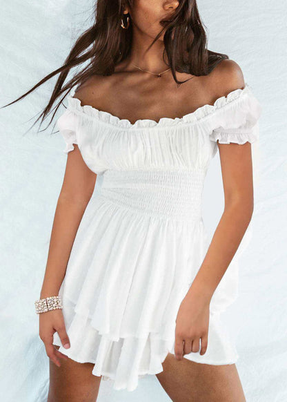 Sexy White Slash Neck Patchwork Elastic Waist Mini Dress Short Sleeve