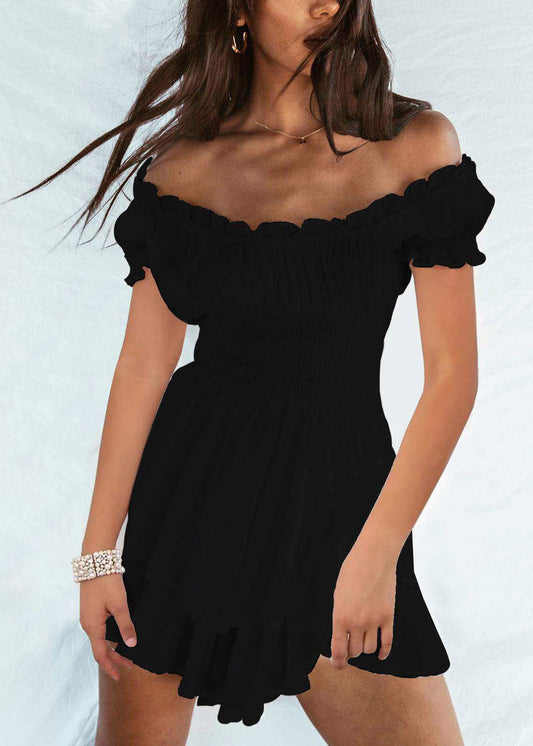 Sexy White Slash Neck Patchwork Elastic Waist Mini Dress Short Sleeve