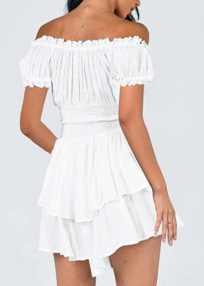 Sexy White Slash Neck Patchwork Elastic Waist Mini Dress Short Sleeve