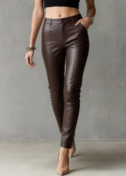 Silm Fit Brown High Waist Pockets Faux Leather Pants Spring