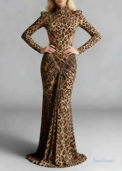 Silm Fit Leopard Print Backless Wrinkled Cotton Party Dress Spring