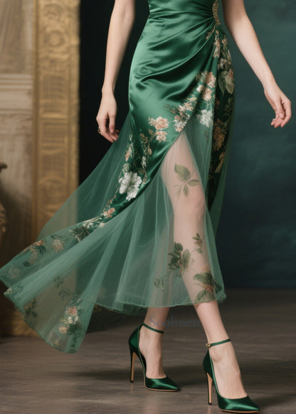 Silm Fit Tea Green Print Patchwork Tulle Party Dresses Summer