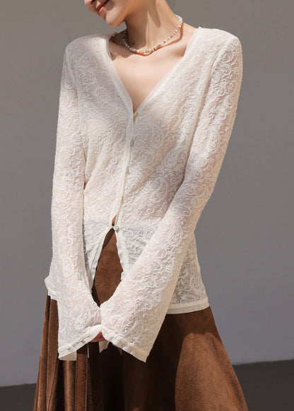 Silm Fit White V Neck Jacquard Lace Blouses Spring