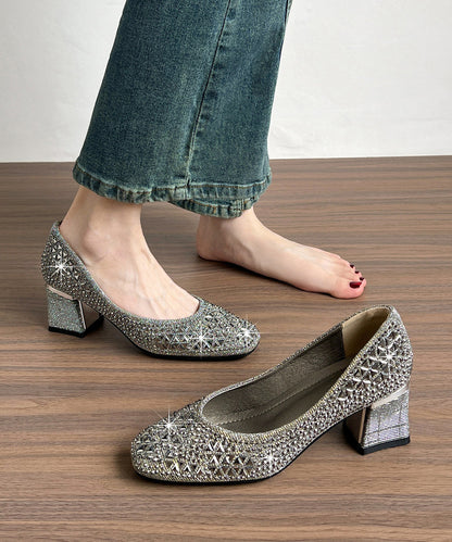 Silvery High Heels Chunky Sparkly Casual High Heels