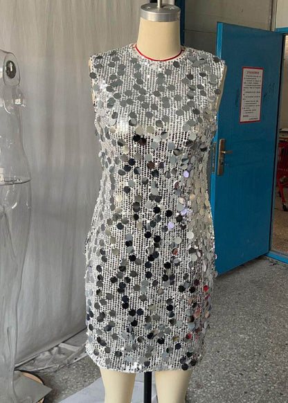 Silvery Silm Fit Tea Dress Sequins Wraped Sleeveless