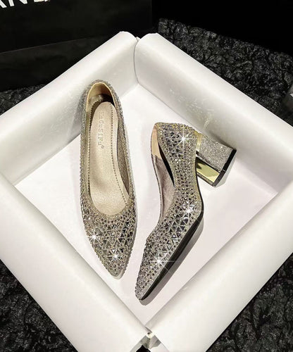 Silvery Sparkly High Heels Chunky Faux Leather Stylish High Heels