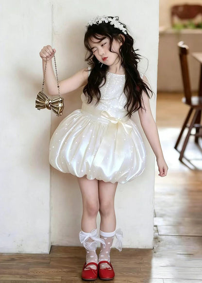 Simple Apricot Dot Print Silk Kids Girls Maxi Dresses Summer