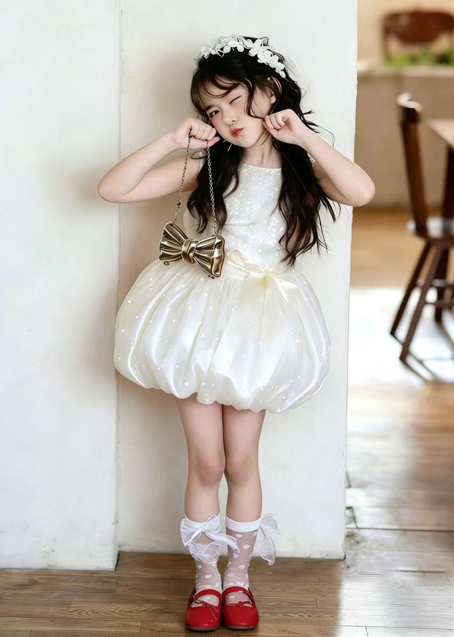 Simple Apricot Dot Print Silk Kids Girls Maxi Dresses Summer