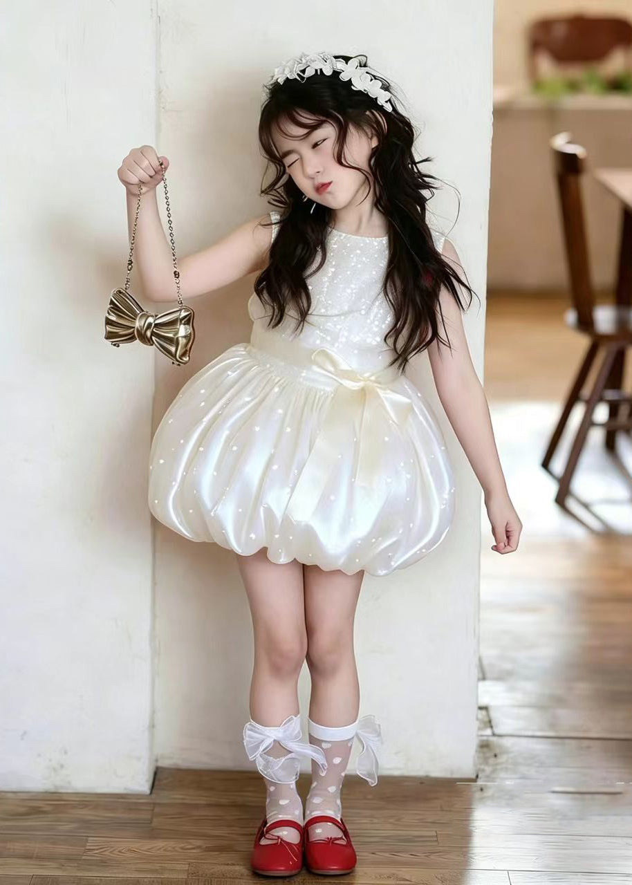 Simple Apricot Dot Print Silk Kids Girls Maxi Dresses Summer