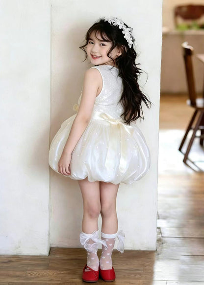 Simple Apricot Dot Print Silk Kids Girls Maxi Dresses Summer