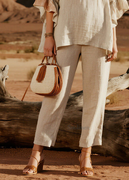 Simple Beige V Neck Patchwork Linen Two Pieces Set Butterfly Sleeve