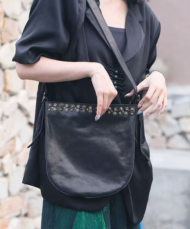 Simple Black Rivet Leather Messenger Bag