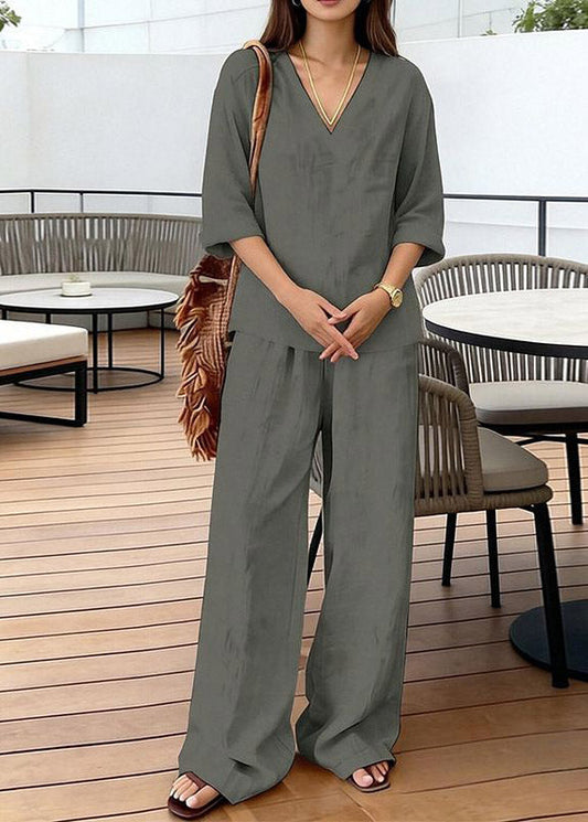 Simple Black V Neck Patchwork Top And Wide Leg Pants Two Pieces Set Short Sleeve