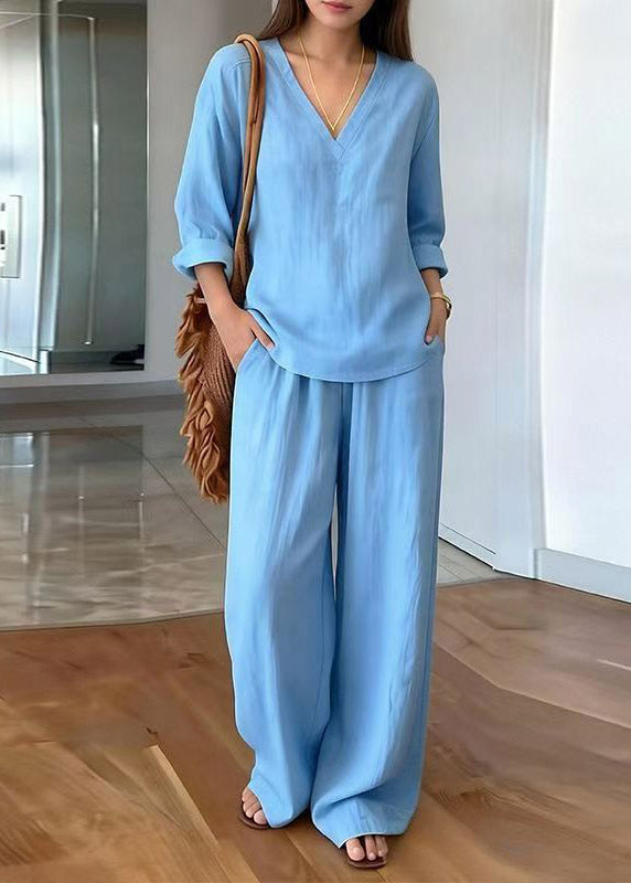 Simple Black V Neck Patchwork Top And Wide Leg Pants Two Pieces Set Short Sleeve