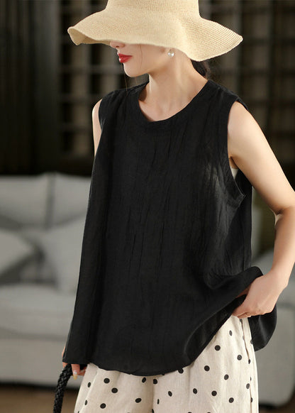 Simple Blue O Neck Wrinkled Linen Blouses Sleeveless