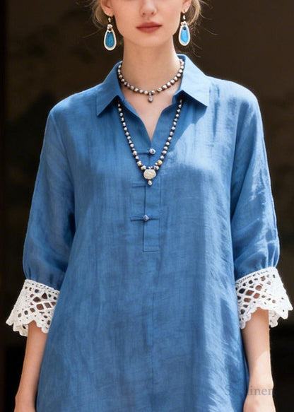 Simple Blue Peter Pan Collar Patchwork Lace Shirt Dresses Summer