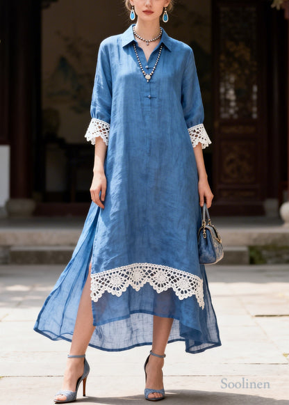 Simple Blue Peter Pan Collar Patchwork Lace Shirt Dresses Summer