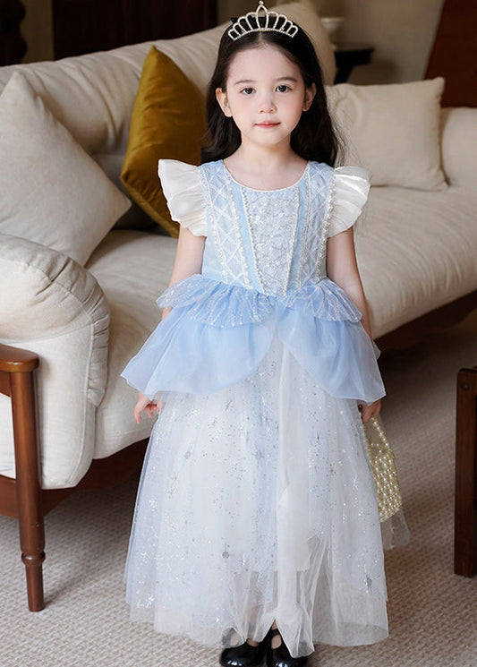 Simple Blue Sequins Pearl Tulle Baby Girls Party Dress Butterfly Sleeve
