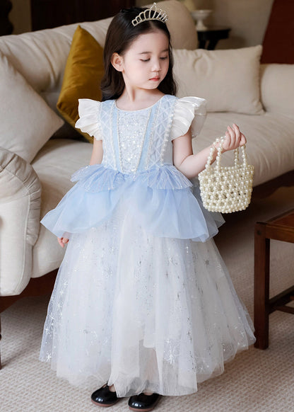Simple Blue Sequins Pearl Tulle Baby Girls Party Dress Butterfly Sleeve
