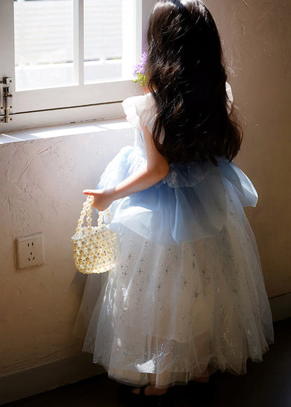 Simple Blue Sequins Pearl Tulle Baby Girls Party Dress Butterfly Sleeve