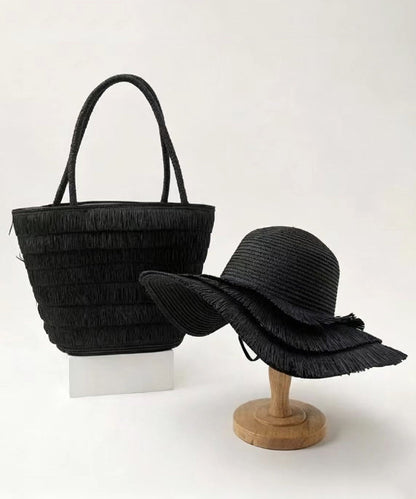 Simple Brown Large Capacity Straw Woven Floppy Sun Hat And Shoulder Handbag Two Pieces Set