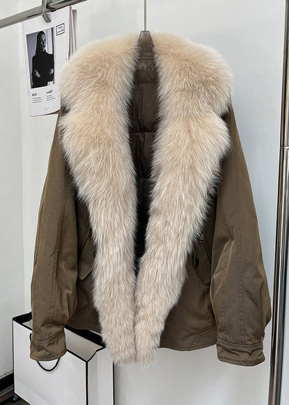 Simple Coffee Fur Collar Removable Pockets cotton blend Parka