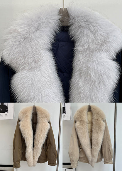 Simple Coffee Fur Collar Removable Pockets cotton blend Parka