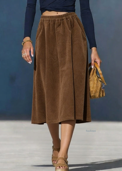 Simple Coffee Pockets Solid Elastic Waist Corduroy Skirt