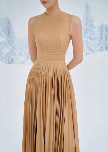 Simple Coffee Zippered Wrinkled Solid Cotton Dress Sleeveless