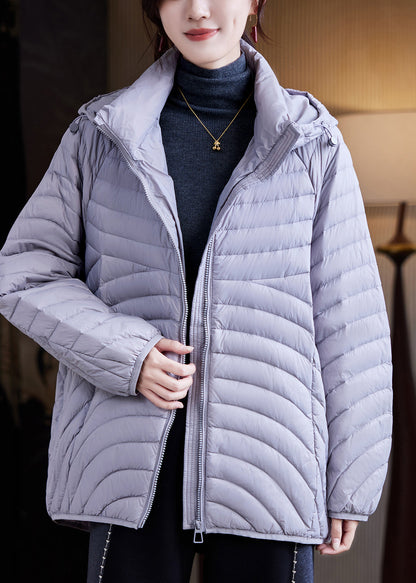 Simple Dark Purple Zippered Pockets Patchwork Hooded Parka Winter