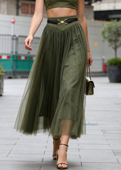 Simple Green Wrinkled Patchwork Tulle Skirts Sprin