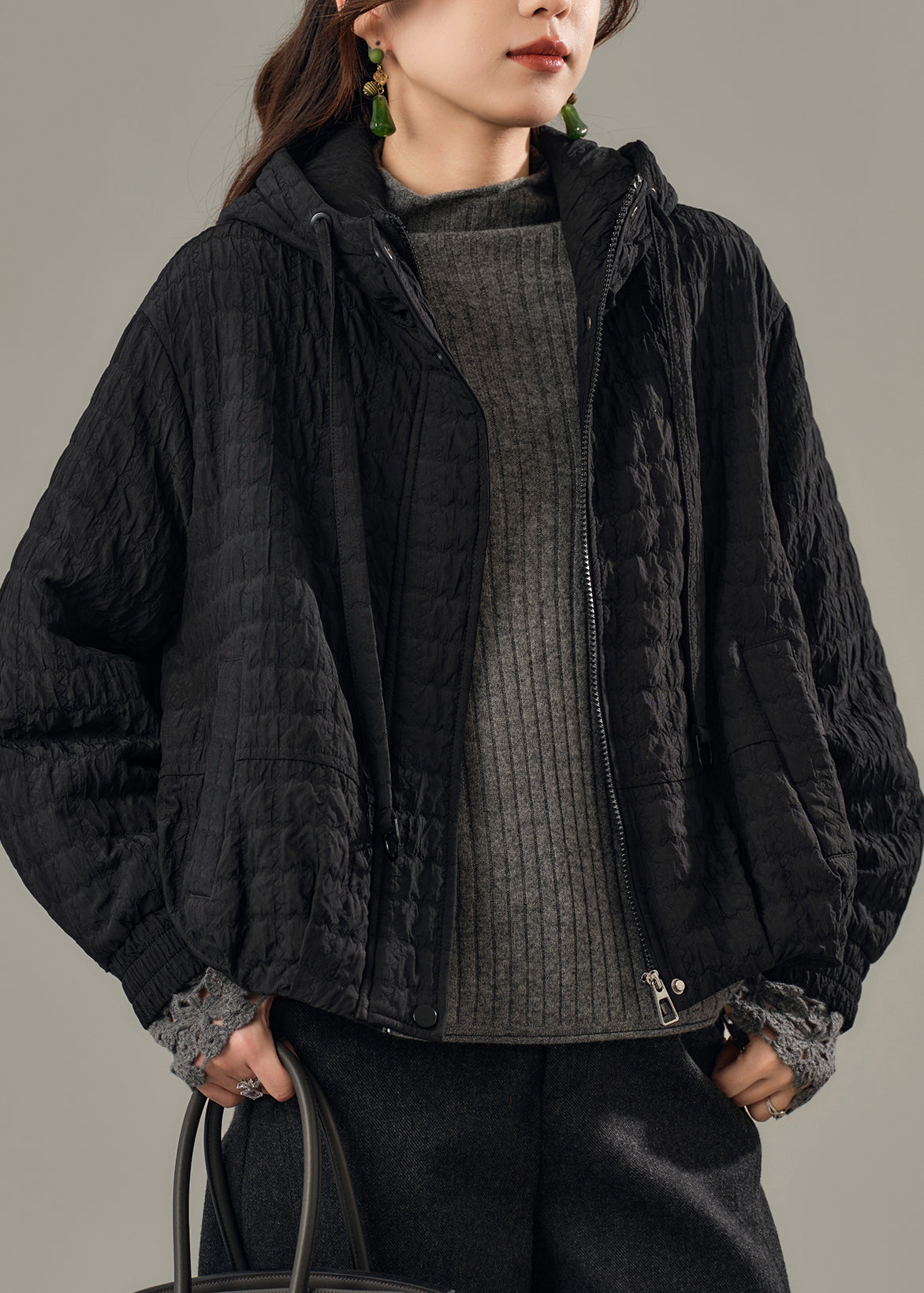 Simple Lavender Oversized Fine Cotton Filled Hoodie Coat Winter