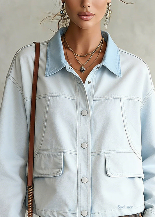 Simple Light Blue Peter Pan Collar Pockets Denim Coat Long Sleeve