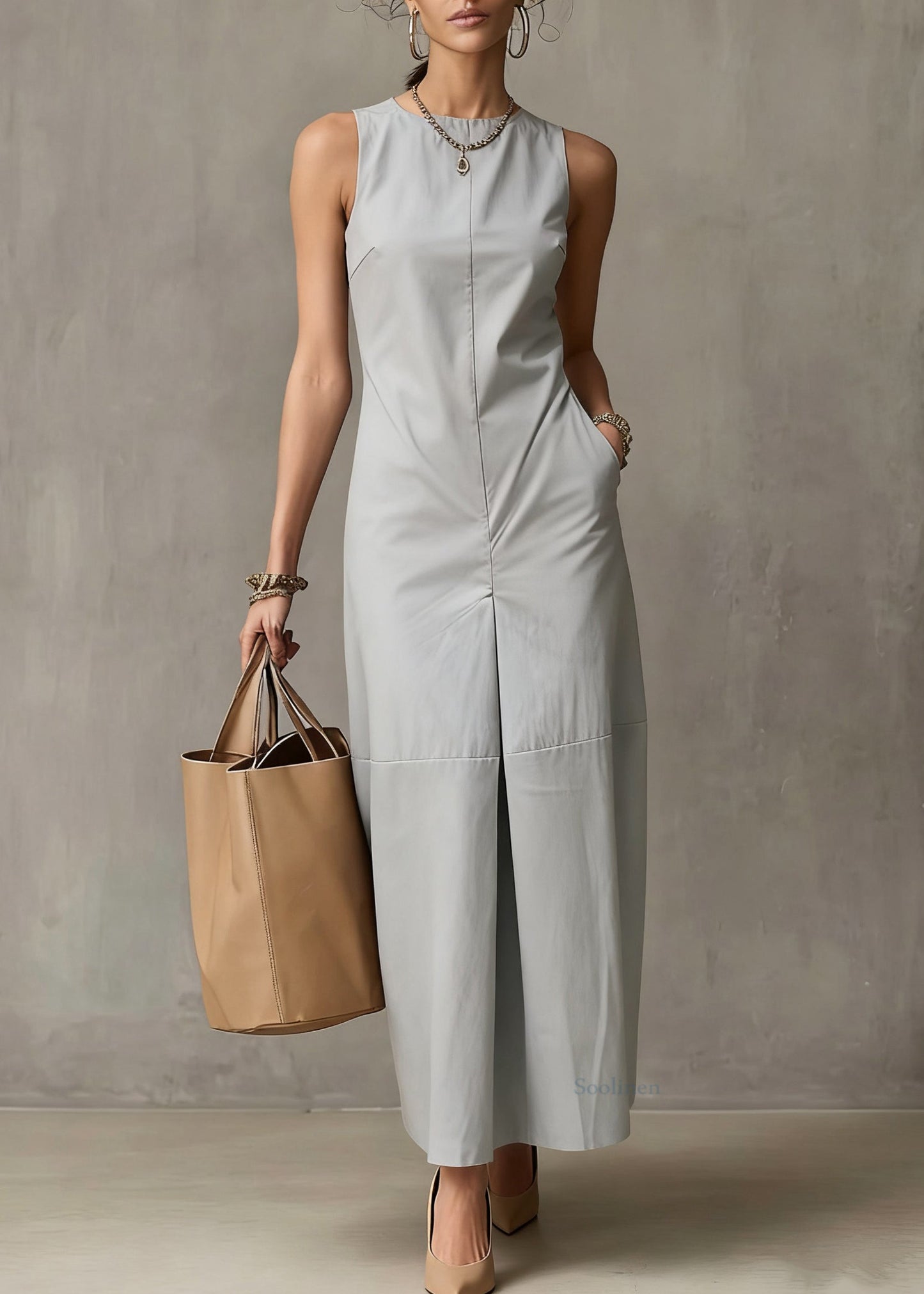 Simple Light Blue Pockets Solid Cotton Long Dresses Sleeveless