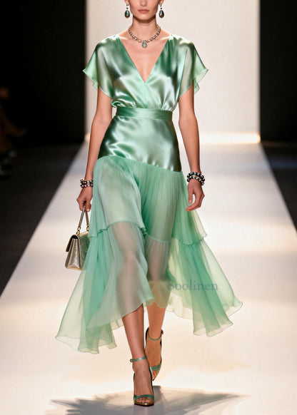 Simple Light Green V Neck Patchwork Chiffon Robe Dresses Summer