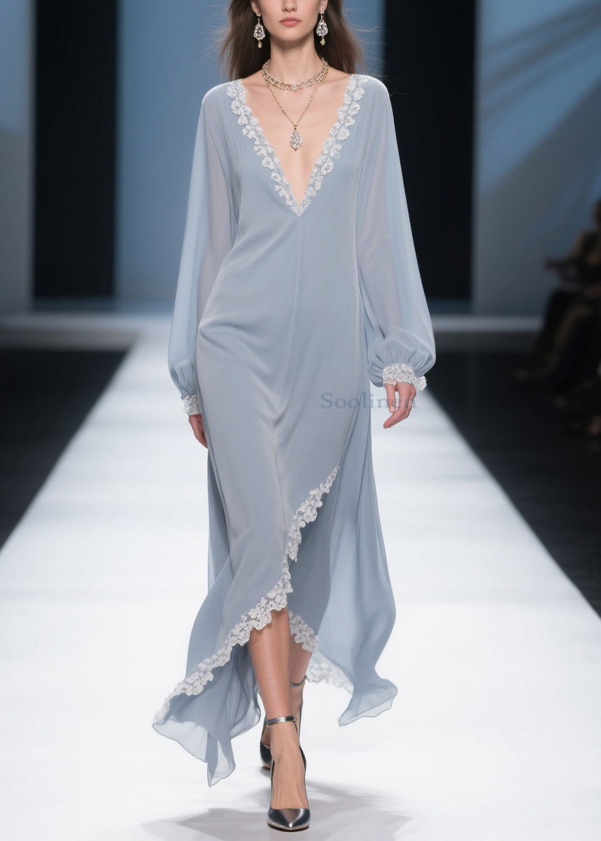 Simple Light Haze Blue Lace Side Open Chiffon Dress Lantern Sleeve