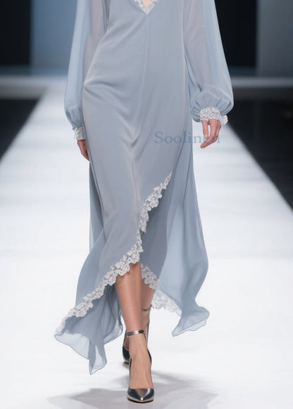 Simple Light Haze Blue Lace Side Open Chiffon Dress Lantern Sleeve