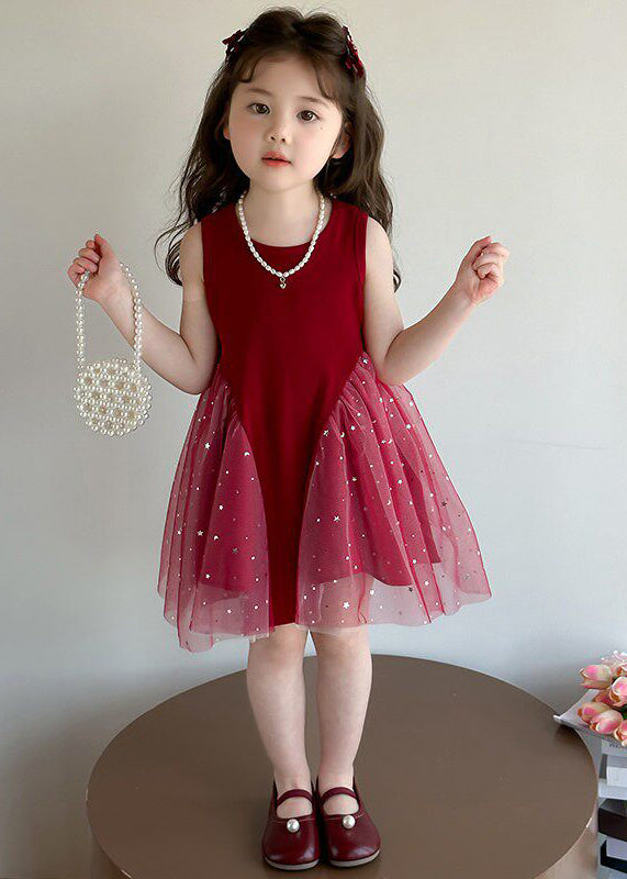Simple Mulberry Sequins Patchwork Tulle Kids Girls Dress Summer