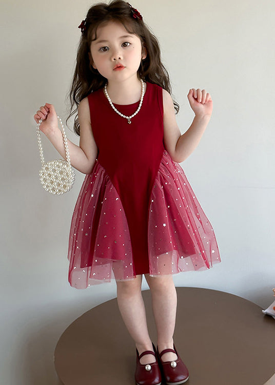 Simple Mulberry Sequins Patchwork Tulle Kids Girls Dress Summer