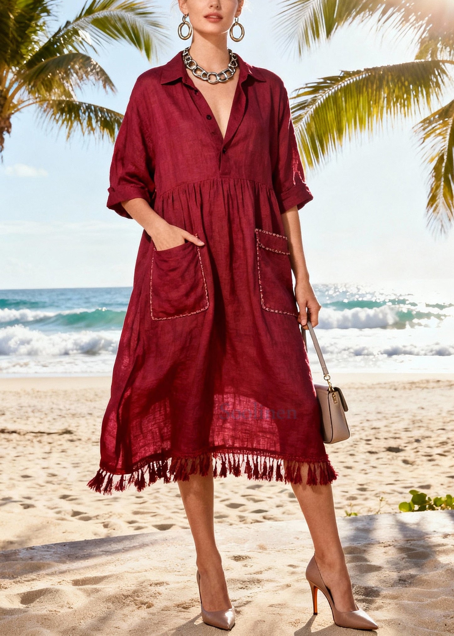 Simple Mulberry Tasseled Pockets Cotton Party Dress Summer