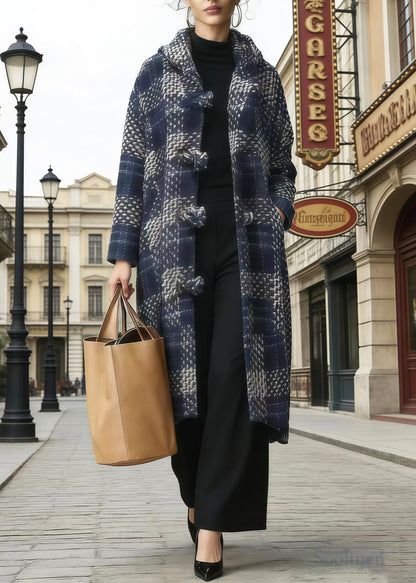 Simple Navy Hooded Plaid Chinese Button Woolen Coat Winter