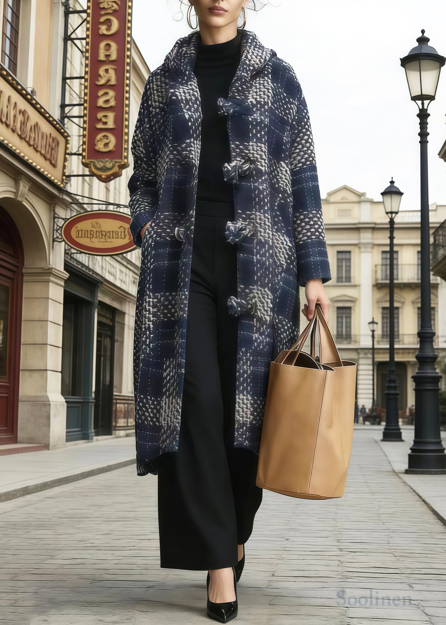 Simple Navy Hooded Plaid Chinese Button Woolen Coat Winter