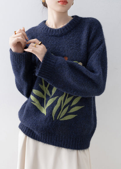Simple Navy O Neck Floral Knit Pullover Spring