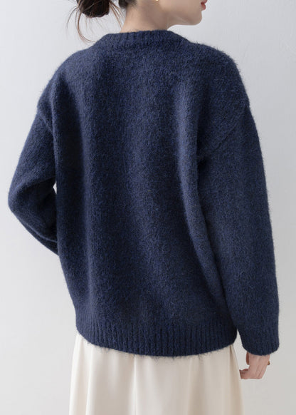 Simple Navy O Neck Floral Knit Pullover Spring