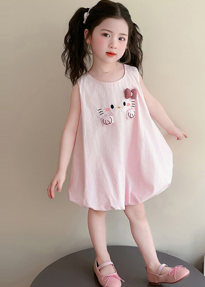 Simple Pink Embroideried Cotton Kids Girls A Line Dress Summer