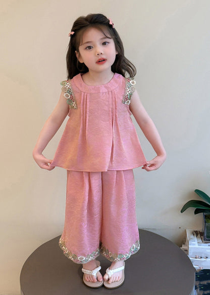 Simple Pink Patchwork Kids Top And Wide Leg Pants Two Piece Set Sleeveless