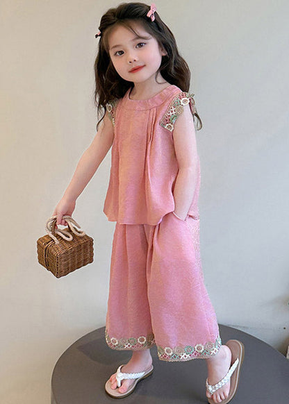 Simple Pink Patchwork Kids Top And Wide Leg Pants Two Piece Set Sleeveless