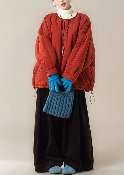 Simple Red O Neck Fine Cotton Filled Top And Pants Two Piece Set Winter