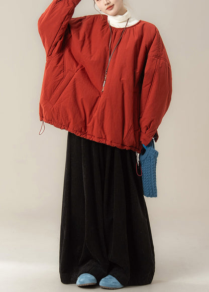 Simple Red O Neck Fine Cotton Filled Top And Pants Two Piece Set Winter