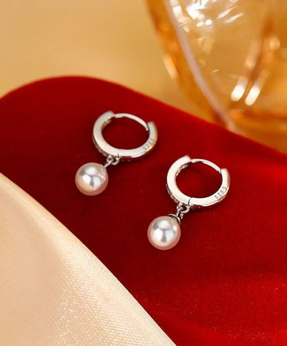 Simple Silk Strergild Silver Zircon Pearl Hoop Earrings
